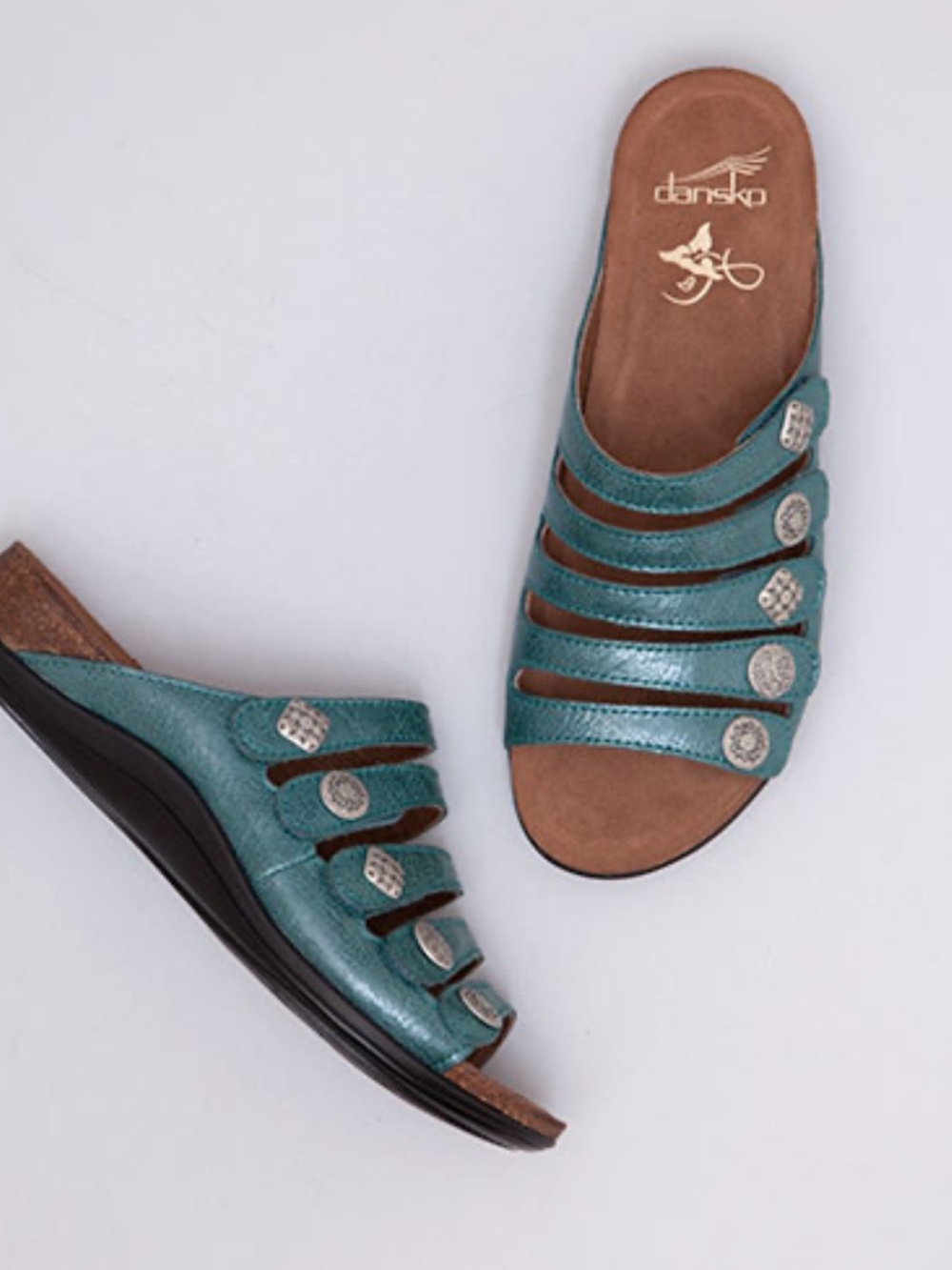 Dansko Janie Multi-Strap Slide Sandals with Decorative Buttons textured green 38